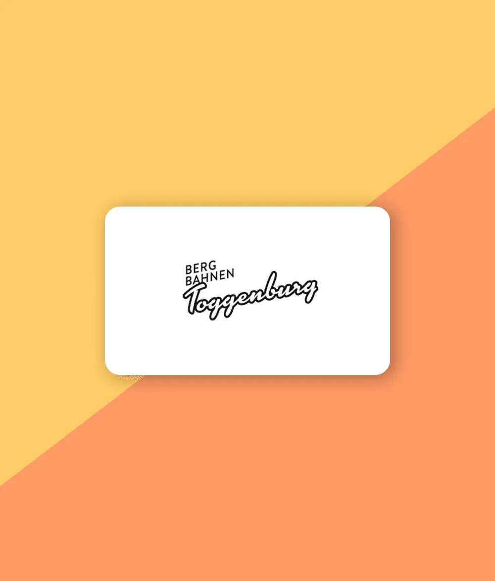Man sieht das Logo der Toggenburger Bergbahnen. Das Logo ist auf weißem Hintergrund in Form einer Kreditkarte abgebildet. Es ist von einem zweifarbigen Hintergrund umgeben. Klickt man auf das Logo der Toggenburger Bergbahnen, gelangt man zu den Hörbeispielen der professionellen Telefonansagen und der professionellen Sprachansagen, welche VICTURA für diesen Kunden produziert hat.