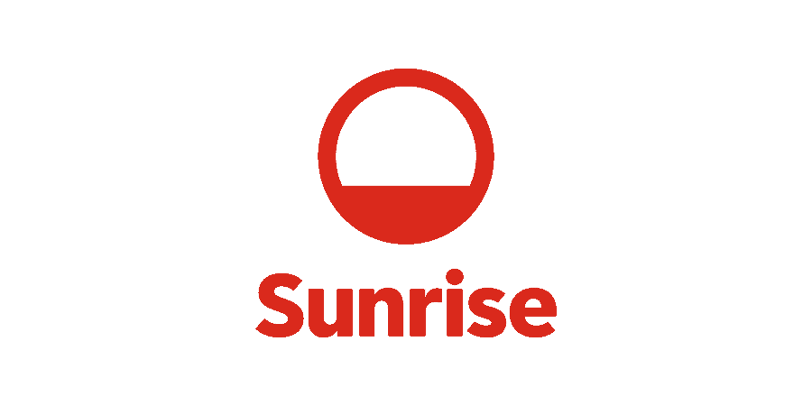 Sunrise logo Telefonansagen. Ein rotes Logo. Sunrise ist Partner von Victura. Klickt man auf das Logo